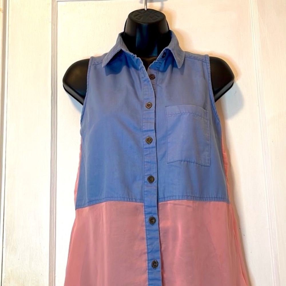 Last Kiss Denim & Sheer Button Down Sleeveless Long Flowy Blouse Top Pink Blue S - Picture 2 of 8